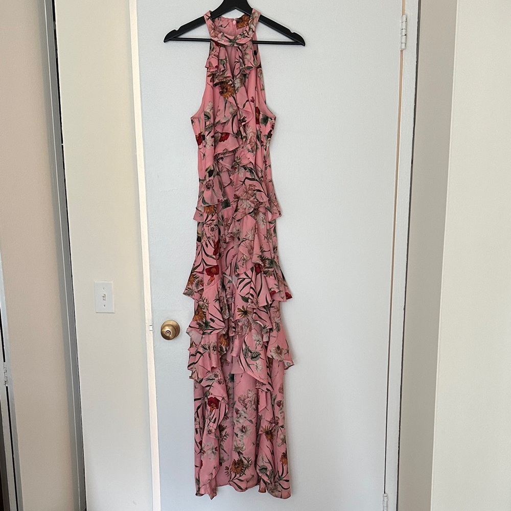 Badgley Mischka Pink Floral Ruffle Maxi Dress